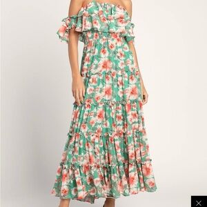 Lulus Chance for Us Green floral off shoulder maxi dress. Size Medium NWT